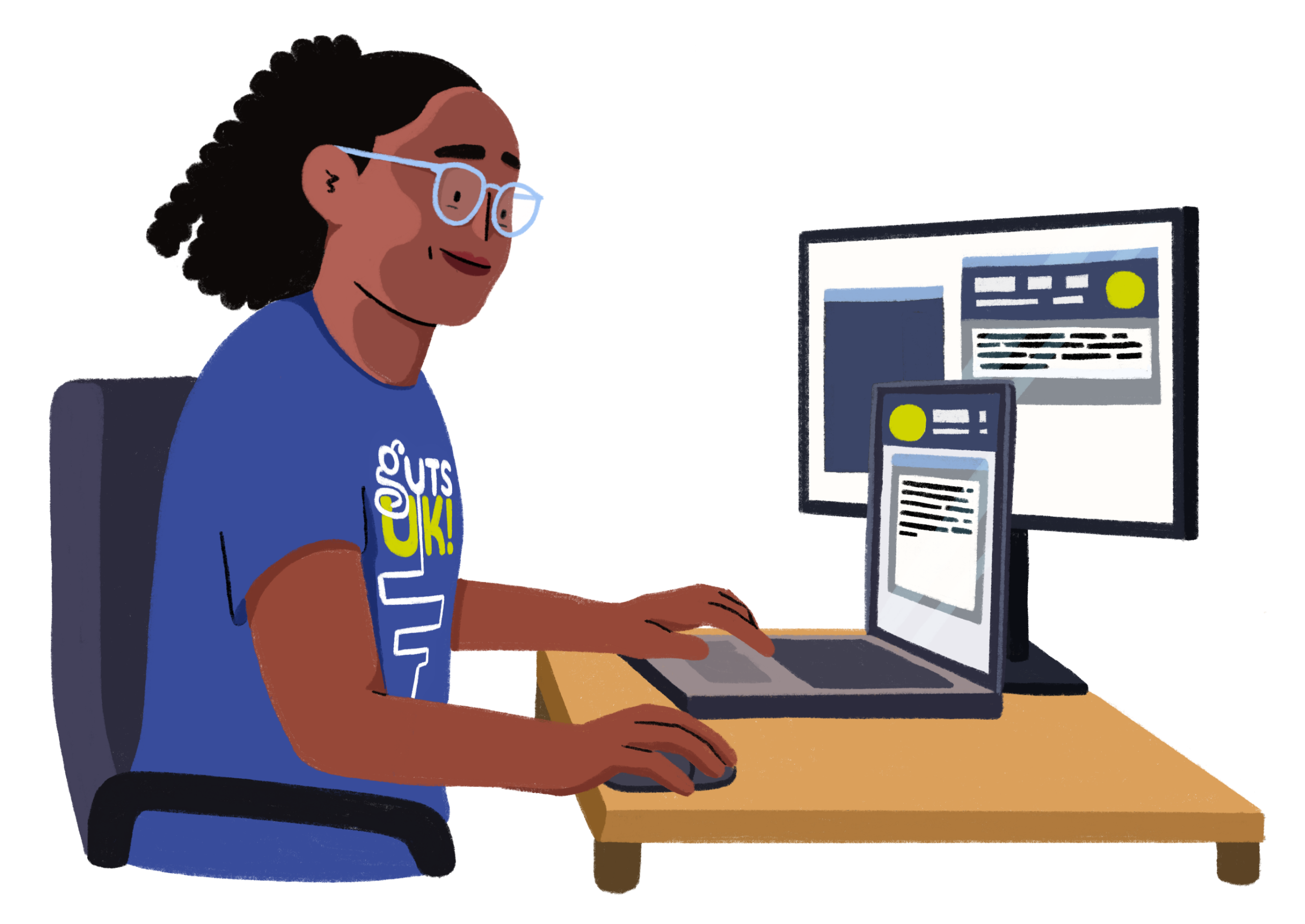 An illustration of a person wearing a Guts UK tshirt answering online queries.