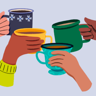 An illustration of four hands together, each holding a different mug with tea or coffee inside.