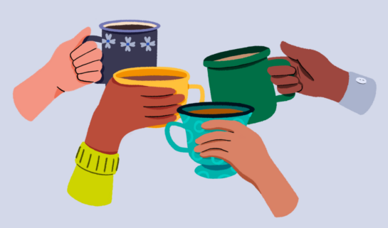 An illustration of four hands together, each holding a different mug with tea or coffee inside.