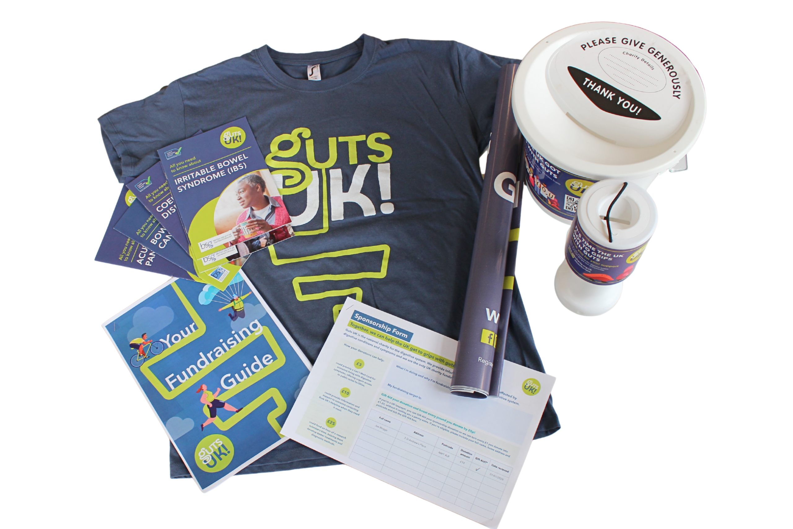 An assortment of "Guts UK!" charity fundraising materials is laid out on a white background. At the center is a blue t-shirt featuring a bright green and white logo, flanked by a white fundraising bucket and a smaller collection tin with donation labels. Below the shirt sits a blue and yellow "Your Fundraising Guide" booklet alongside a "Sponsorship Form" designed for logging donor details. Completing the kit are a rolled-up banner and a stack of informational leaflets, including one specifically focusing on Irritable Bowel Syndrome (IBS).