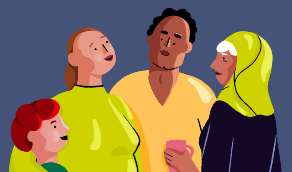 An illustration of family patients in a group talking.