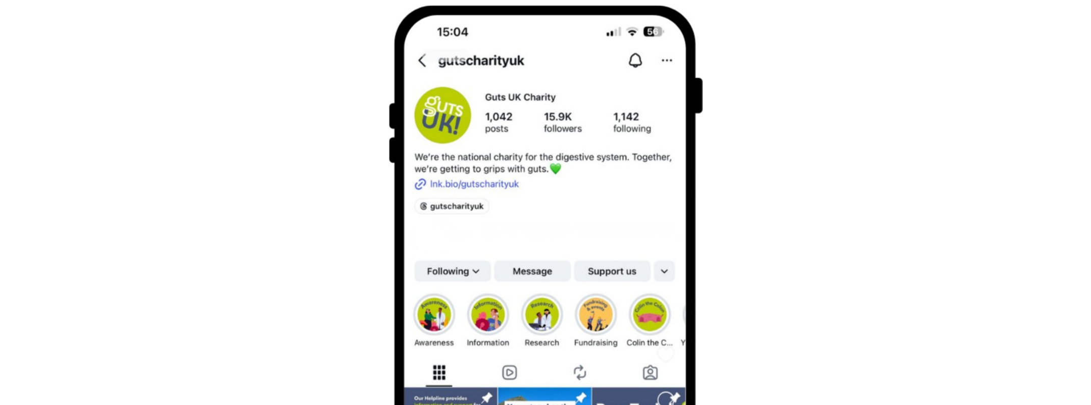  A screenshot of the Guts UK Charity Instagram profile on a mobile phone, showing their logo, bio, and highlighted story categories such as Awareness, Information, and Research.