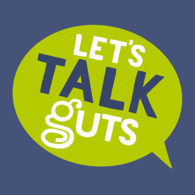 Let's Talk Guts inside a green speech bubble over a blue background.
