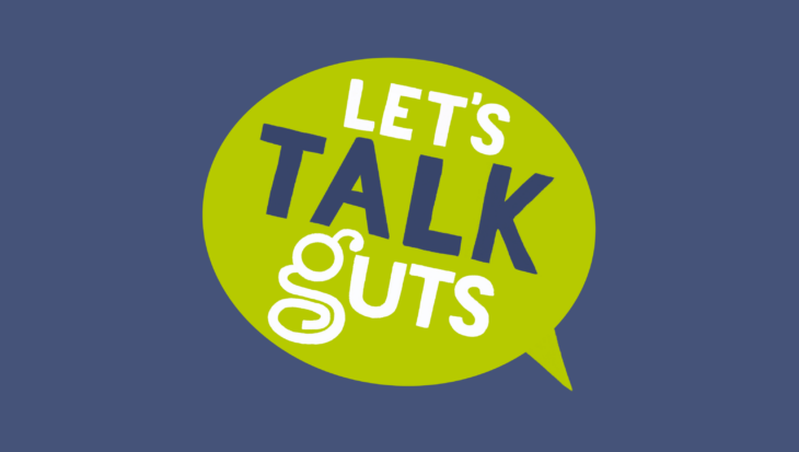 Let's Talk Guts inside a green speech bubble over a blue background.