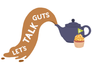 An illustration of a teapot and a cup cake. There is tea spilling out of the teapot that says Let's Talk Guts.