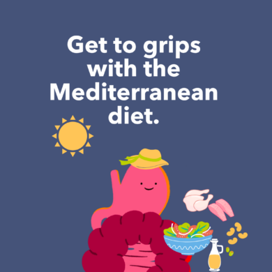 Guts UK's brand cartoon character, Gus the Gut, smiles. They are wearing a yellow sun hat and are surrounded by food such as a salad, olive oil, chicken, fish and beans. A sun shines in the middle left of the image and text overlay reads 'Get to grips with the Mediterranean diet'.