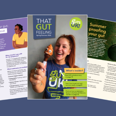 A flat lay of the front cover and excerpts of Guts UK's 