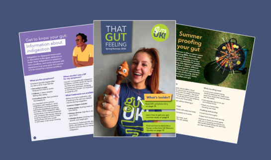 A flat lay of the front cover and excerpts of Guts UK's 