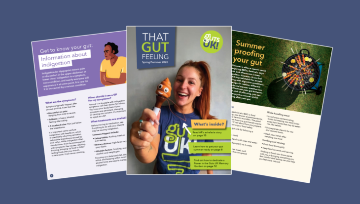 A flat lay of the front cover and excerpts of Guts UK's 