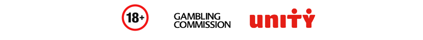 Three logos in a line: 18+, Gambling Commission and Unity.