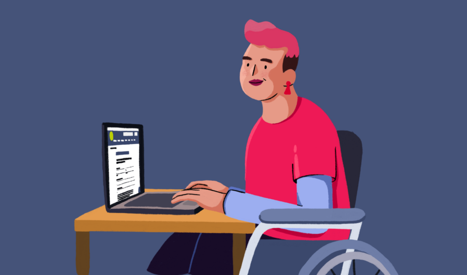 An illustration of a person browsing the Guts UK website on a desktop computer.