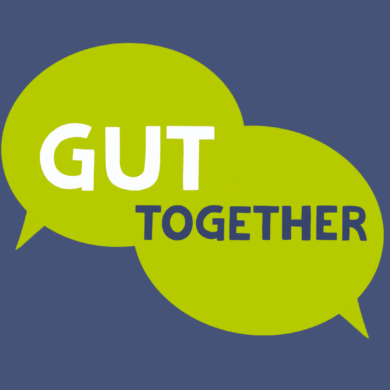 Two green speech bubbles overlapped with have the words 'Gut Together' inside in white and blue text, over a blue background.
