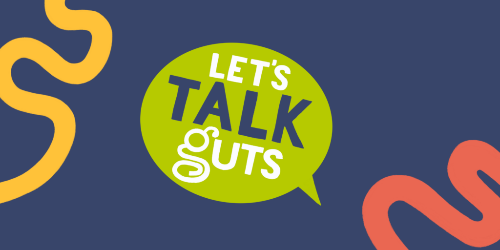 Let's Talk Guts green speech bubble logo on a blue background with illustrated yellow and red gut shapes.