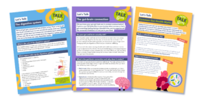 Examples of three Let's Talk Guts resources: Let's Talk: The Digestive System; Let's Talk: The Gut-Brain Connection; and Let's Talk: Common Gut Health Myths.