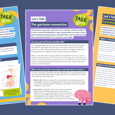 Examples of three Let's Talk Guts resources: Let's Talk: The Digestive System; Let's Talk: The Gut-Brain Connection; and Let's Talk: Common Gut Health Myths.