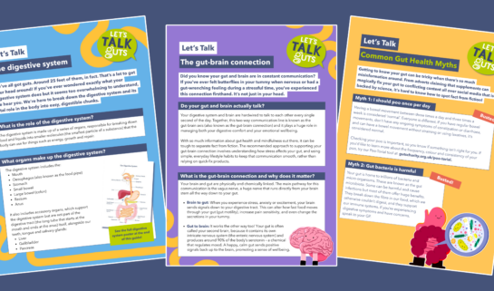 Examples of three Let's Talk Guts resources: Let's Talk: The Digestive System; Let's Talk: The Gut-Brain Connection; and Let's Talk: Common Gut Health Myths.