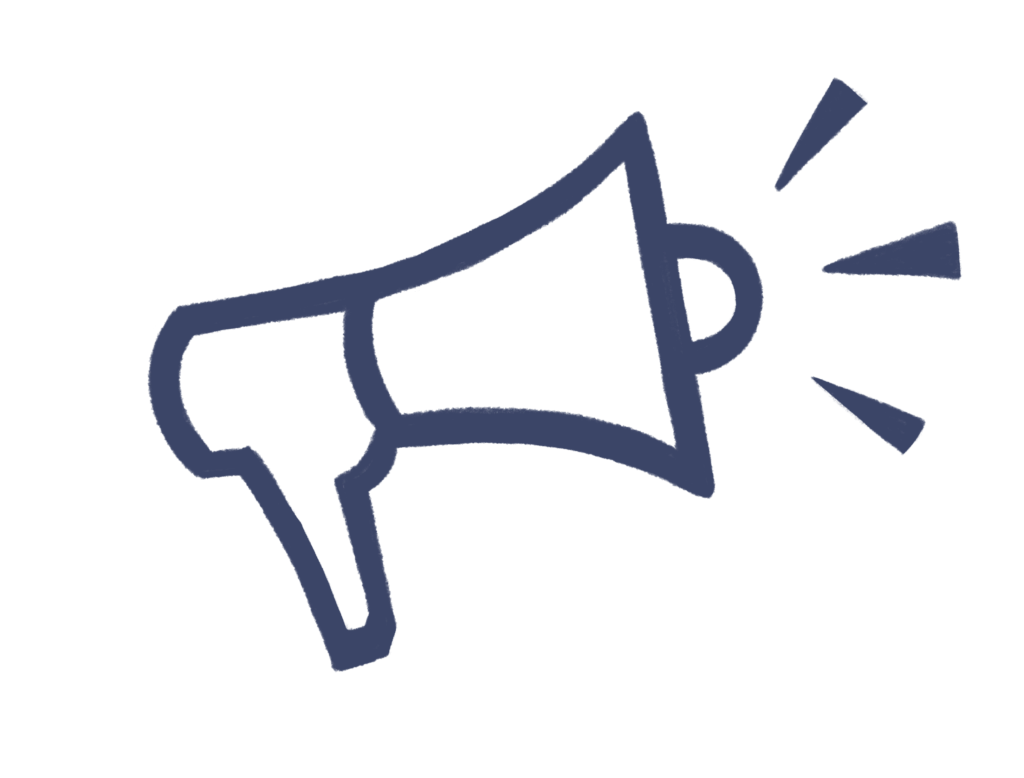 A navy blue outline of a megaphone with three sound marks coming out the end