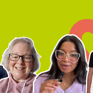 Photographs of four members of the Guts UK community, Millie, Karan, Nikita and Scott, who have created video content as part of the Let's Talk Guts campaign. The photographs have a white outline and are on a bright green background with lilac and red illustrated gut shapes.