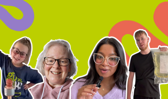 Photographs of four members of the Guts UK community, Millie, Karan, Nikita and Scott, who have created video content as part of the Let's Talk Guts campaign. The photographs have a white outline and are on a bright green background with lilac and red illustrated gut shapes.