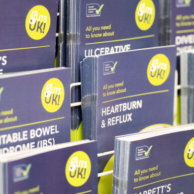 Various copies of Guts UK information leaflets in a stand.