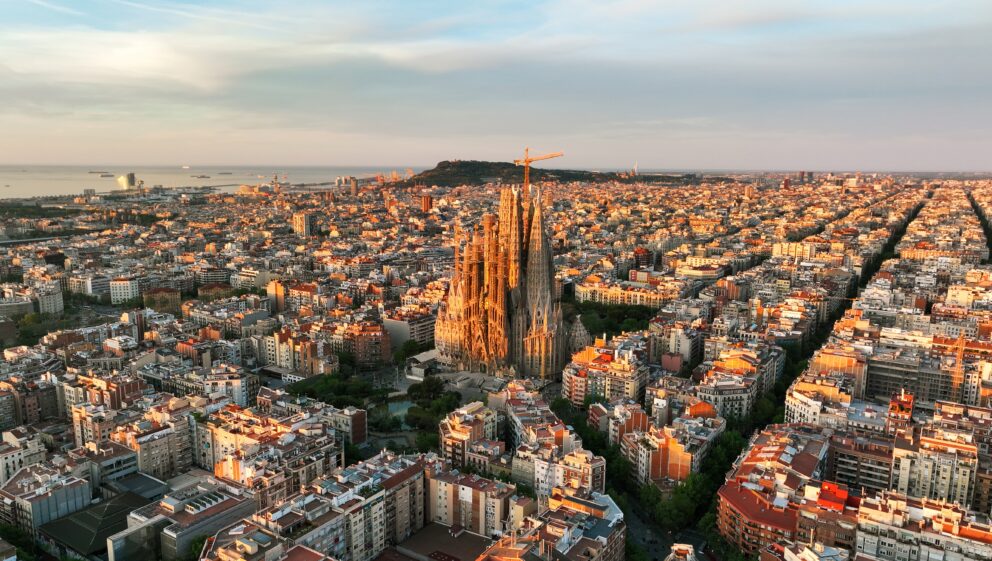 An aerial view of the city of Barcelona, Spain.