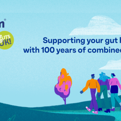 A banner announcing that Imodium and Guts UK are working in partnership again, combining 100 years of expertise to support gut health.