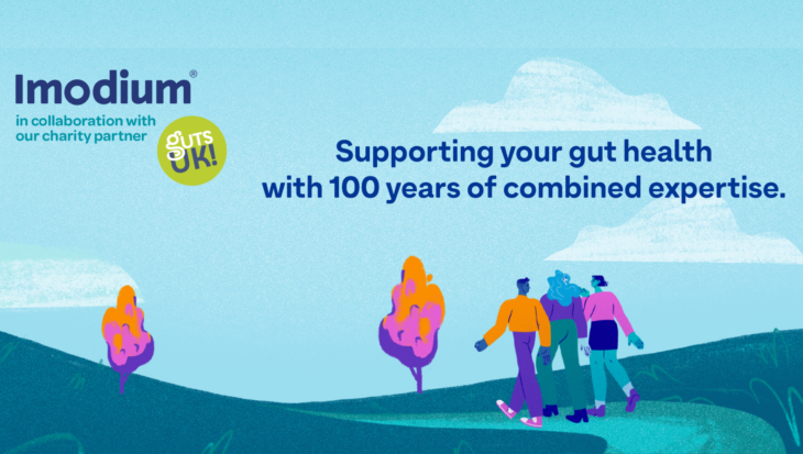 A banner announcing that Imodium and Guts UK are working in partnership again, combining 100 years of expertise to support gut health.