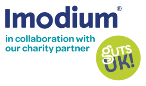 Imodium and Guts UK logos with the text 'In collaboration with our charity partner'.