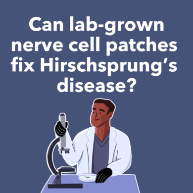 Guts UK's brand cartoon character if a researcher wearing a lab coat, standing next to a microscope on a table. Text above reads