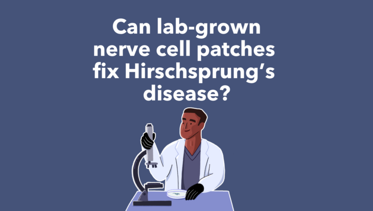 Guts UK's brand cartoon character if a researcher wearing a lab coat, standing next to a microscope on a table. Text above reads 