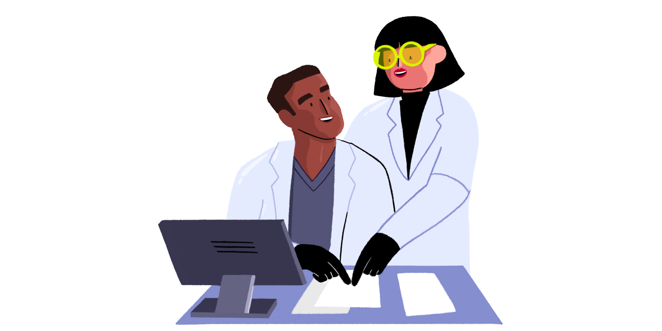 Guts UK’s brand illustration characters of a male researcher and female researcher working together. 