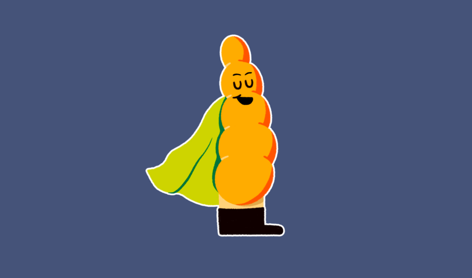 Guts UK's brand illustration character of the pancreas smiling widely with pride, squeezing their eyes closed and wearing a green cape. The pancreas is yellow and wears black boots. It is on a navy background.