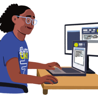 An illustration of a person wearing a Guts UK t-shirt answering an online Helpline query.