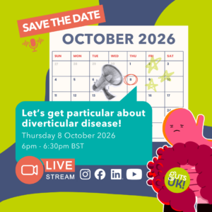 Guts UK Save the date picture for the Let's get particular about diverticular! campaign Live stream. 8 October at 6pm. Shows a calendar and a gut cartoon illustration of 'Diverticular Dave', as well as social media icons for Facebook, YouTube, Instagram and LinkedIn.