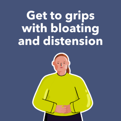 Guts UK's brand illustration character of a female stood up, clutching her stomach in pain, with a sad expression on her face. Text above reads 
