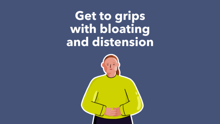 Guts UK's brand illustration character of a female stood up, clutching her stomach in pain, with a sad expression on her face. Text above reads 