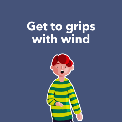 Guts UK’s brand illustration character of a boy looking shocked, against a navy background. White text reads