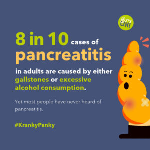 Guts UK Kranky Panky social media graphic which reads '"8 in 10 cases of pancreatitis in adults are caused by either gallstones or excessive alcohol consumption. Yet most people have never heard of pancreatitis". It features their brand character, Pablo the Pancreas, looking shocked.