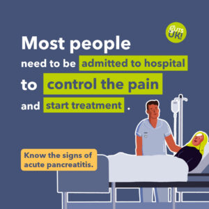 Guts UK Kranky Panky social media graphic which reads "Most people need to be admitted to hospital to control the pain and start treatment. Know the signs of acute pancreatitis." It features their brand characters of a nurse stood next to a hospital bed which has a lady wearing a hijab in it.