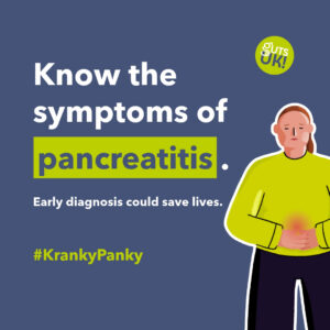Guts UK Kranky Panky social media graphic which reads "Know the symptoms of pancreatitis. Early diagnosis saves lives." and features their brand character of a lady in a bright green jumper with her brown hair in a ponytail, holding her tummy.