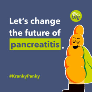 Guts UK Kranky Panky social media graphic which reads "Let's change the future of pancreatitis." It also features Guts UK's brand character, Pablo the Pancreas, smiling wildly, with a bright green cape trailing down his right-hand side.