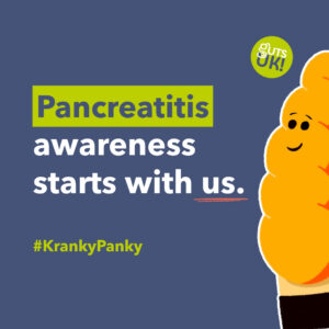 Guts UK Kranky Panky social media graphic which reads 'Pancreatitis awareness starts with us" and features their brand character, Pablo the Pancreas, smiling.